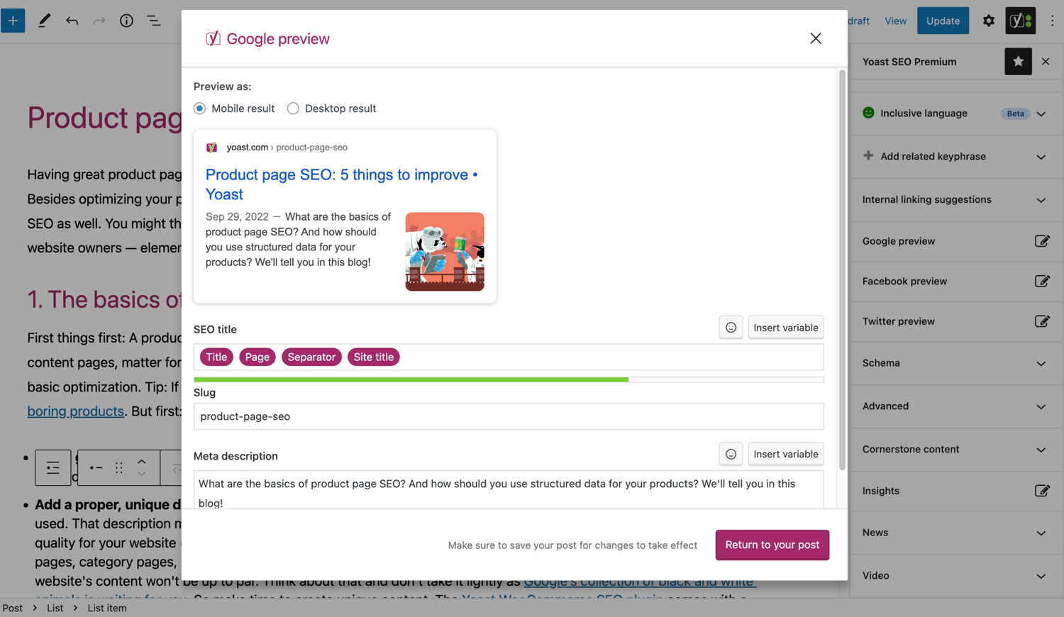 Yoast SEO SERP preview in the block editor showing how the post title and meta description will appear in Google search results on desktop. Source: WordPress.org plugin listing.