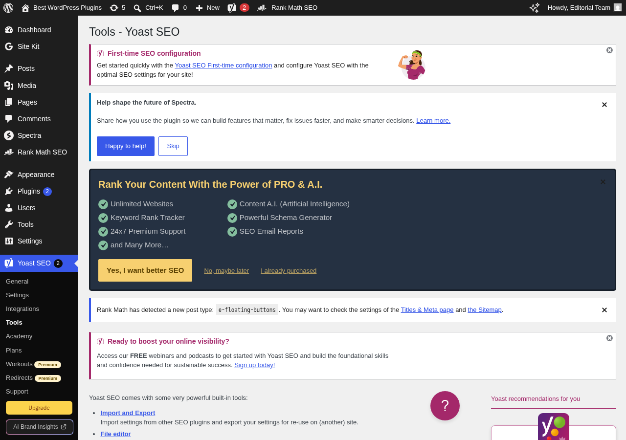 Yoast SEO Tools page showing options for importing SEO data from other plugins, exporting SEO data, and accessing the file editor for robots.txt and .htaccess files.