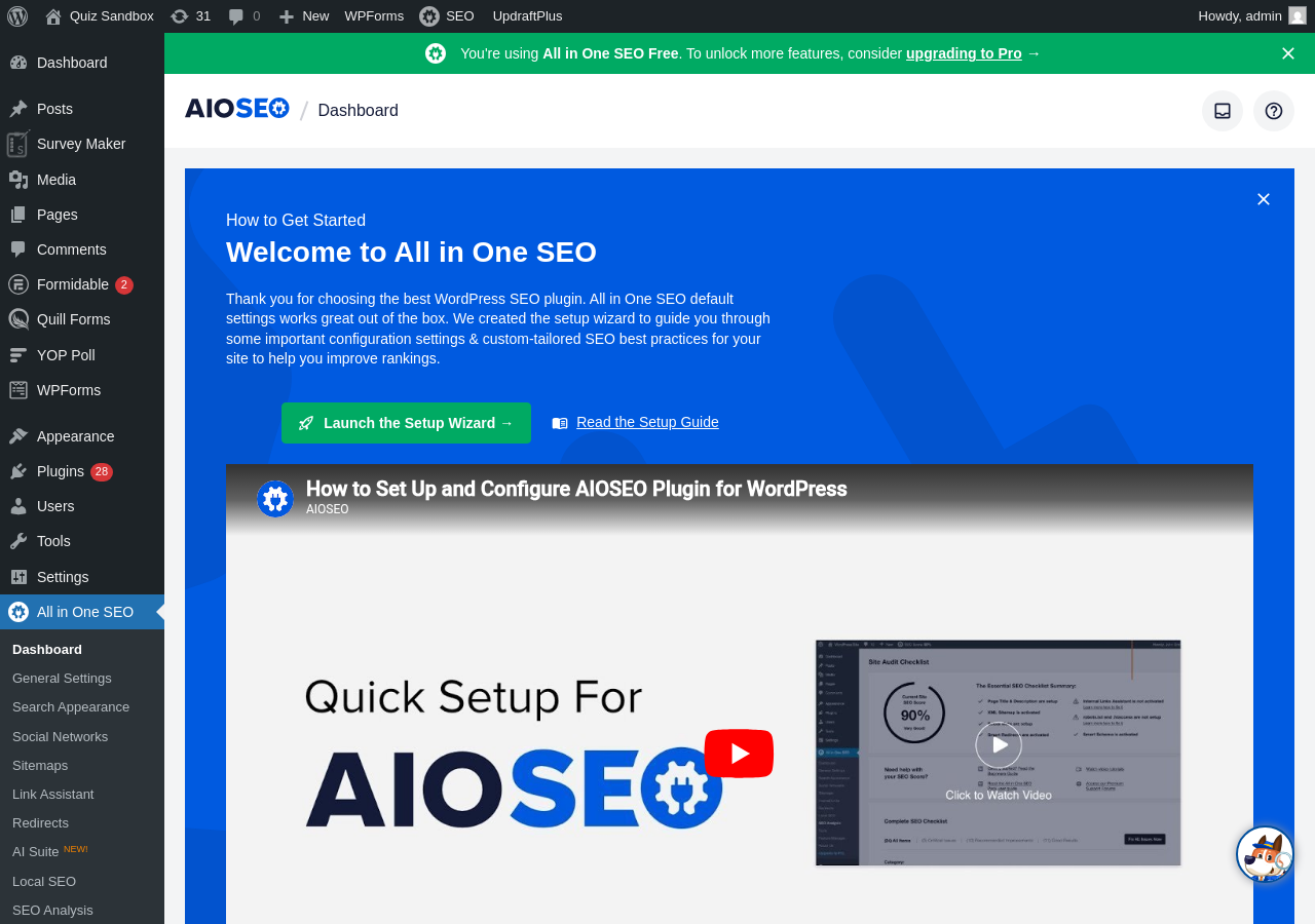 The AIOSEO Dashboard immediately after plugin activation, showing the Welcome panel with a Launch the Setup Wizard button, a setup guide link, and a tutorial video embed. The left sidebar displays the full AIOSEO navigation menu. Sandbox screenshot from WordPress 7.0.