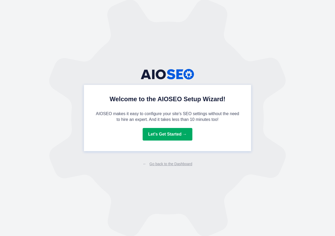 The AIOSEO Setup Wizard welcome screen showing the AIOSEO logo, a Welcome to the AIOSEO Setup Wizard heading, a short description that configuration takes under 10 minutes, and a Let's Get Started button. Sandbox screenshot from WordPress 7.0.