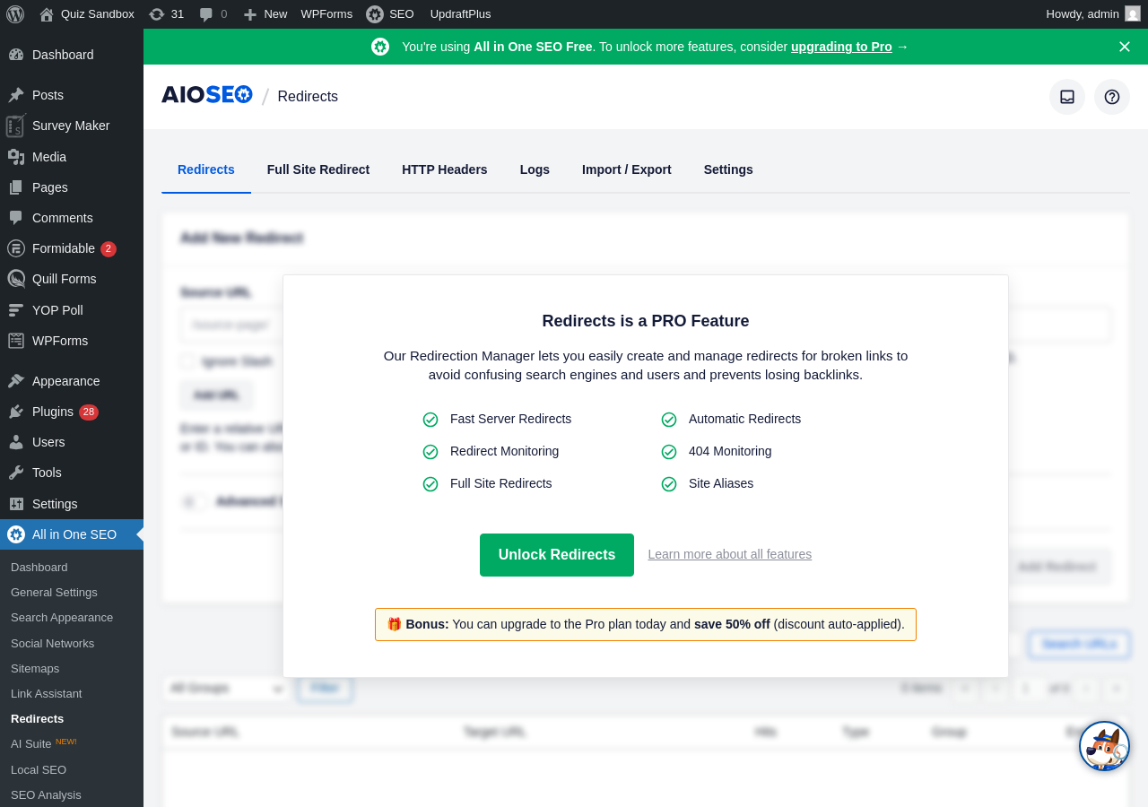 The AIOSEO Redirects screen on the free plan, showing an upgrade prompt reading Redirects is a PRO Feature with a feature checklist including Fast Server Redirects, Automatic Redirects, Redirect Monitoring, 404 Monitoring, Full Site Redirects, and Site Aliases, and an Unlock Redirects button. Sandbox screenshot from WordPress 7.0.