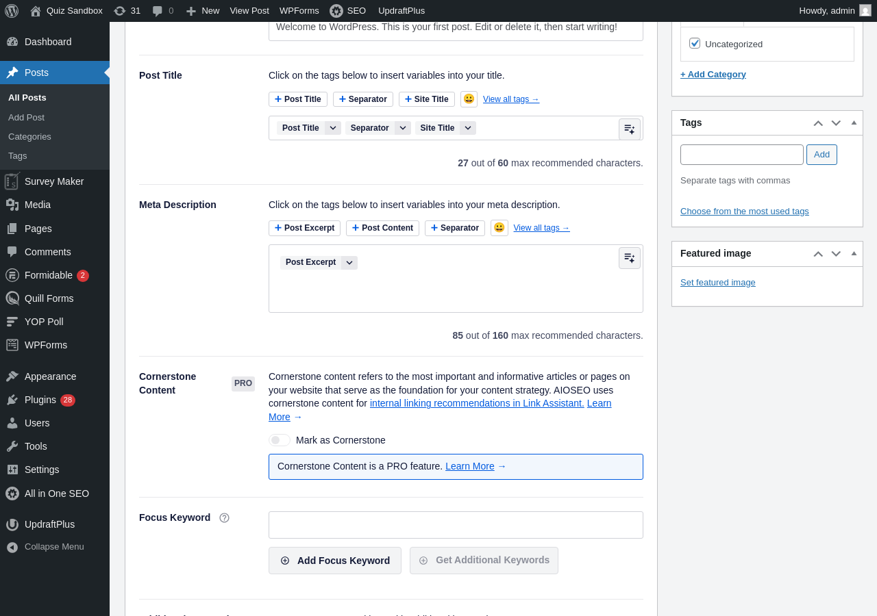 The lower portion of the AIOSEO Settings metabox showing the Cornerstone Content toggle (PRO badge), the Focus Keyword input field with Add Focus Keyword and Get Additional Keywords buttons, the Additional Keywords section (PRO), and the Page Analysis section header with Basic SEO, Title, and Readability tabs. Sandbox screenshot from WordPress 7.0.