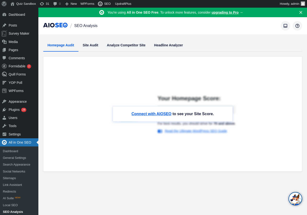 The AIOSEO SEO Analysis screen showing four tabs: Homepage Audit, Site Audit, Analyze Competitor Site, and Headline Analyzer. The Homepage Audit tab is active, showing a blurred site score in the background and a prompt to Connect with AIOSEO to see your Site Score. Sandbox screenshot from WordPress 7.0.