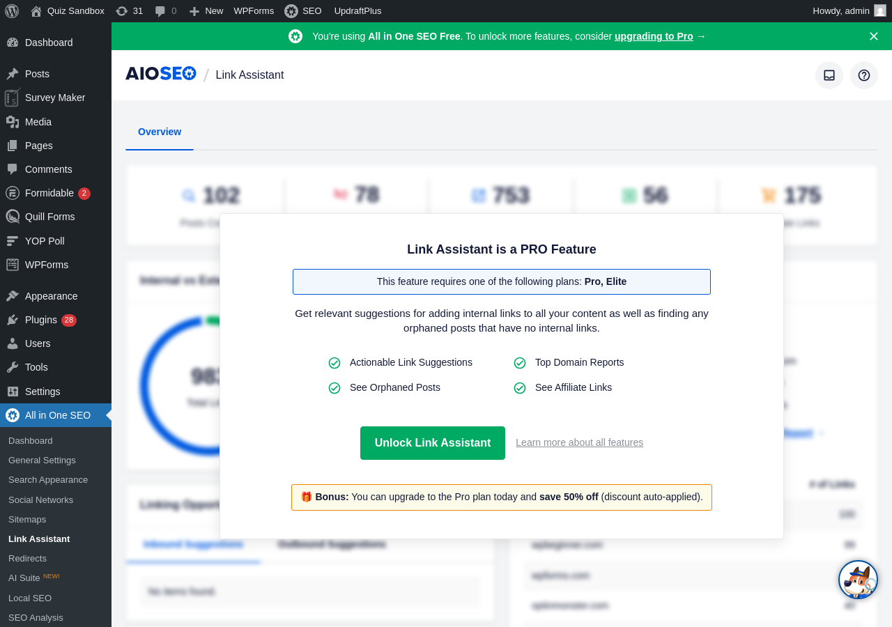 The AIOSEO Link Assistant screen on the free plan, showing an Overview tab with blurred statistics in the background and an upgrade prompt reading Link Assistant is a PRO Feature requiring Pro or Elite plans, listing features including Actionable Link Suggestions, Top Domain Reports, See Orphaned Posts, and See Affiliate Links. Sandbox screenshot from WordPress 7.0.