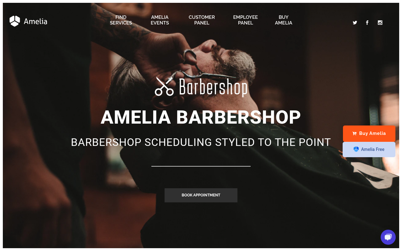 Amelia barbershop booking demo showing the catalog-style service selection interface with services, pricing, and appointment booking flow.