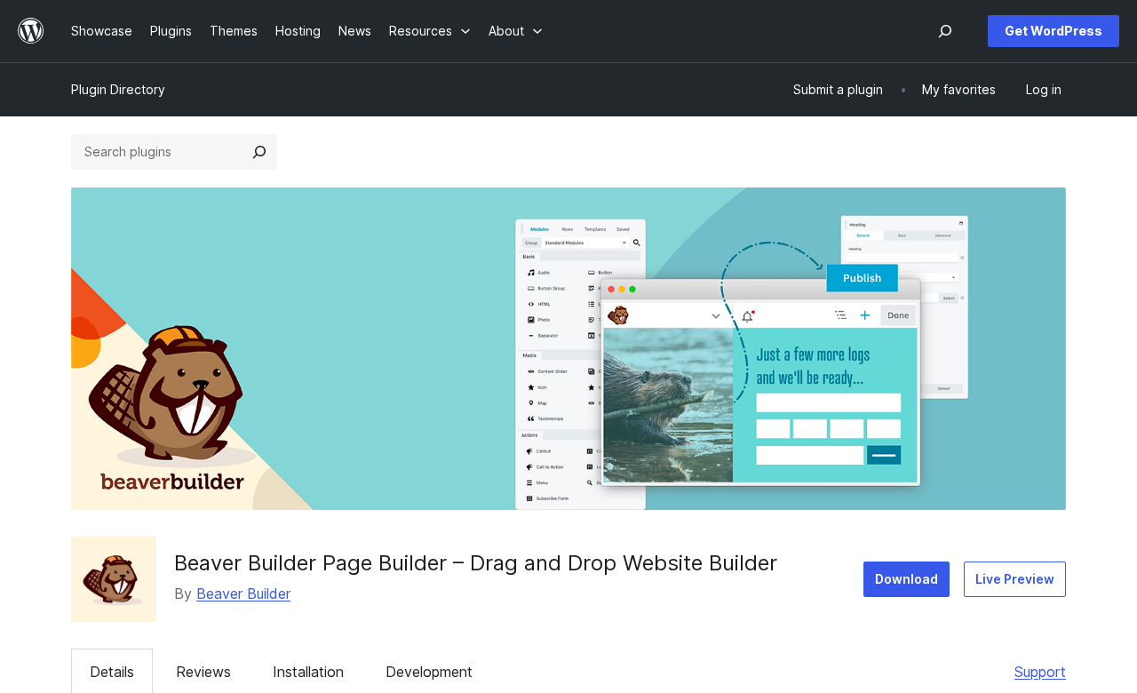 Beaver Builder's WordPress.org plugin listing showing the banner image, the plugin name Beaver Builder Page Builder with the Drag and Drop Website Builder subtitle, the By Beaver Builder author attribution, 4.7-star rating from 392 reviews, 100,000 plus active installations, and the Download button