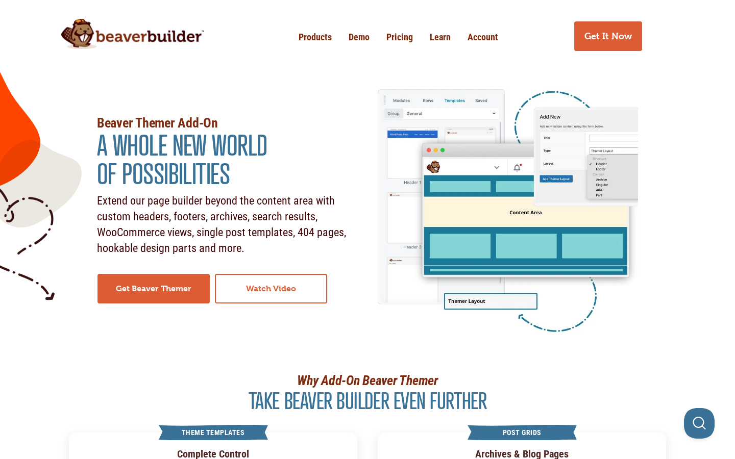 Beaver Themer official marketing page showing the headline A Whole New World of Possibilities, a description of how Beaver Themer extends the page builder beyond the content area to custom headers, footers, archives, search results, WooCommerce views, and single post templates, and a diagram illustrating the Themer Layout builder interface with header, content area columns, and footer sections