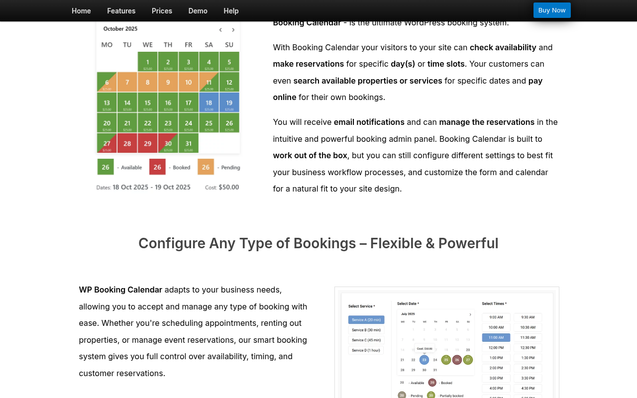 Booking Calendar homepage showing the WordPress date-range booking plugin, calendar interface, and rental booking features.