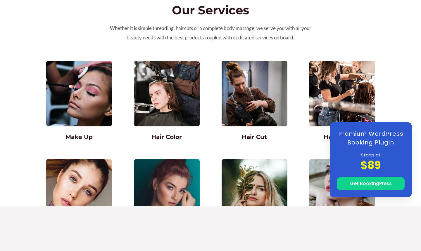 BookingPress salon demo booking widget showing Step 1 with eight beauty services listed including Makeup, Hair Color, Haircuts, and Professional Photoshoot, each with duration and price, and the multi-step progress indicator in the sidebar
