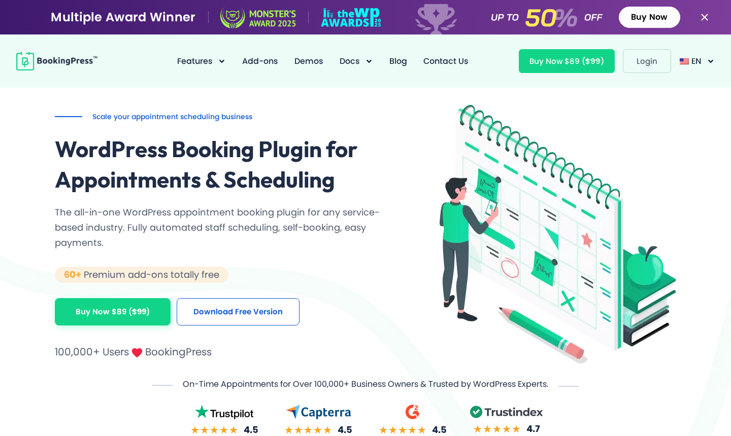 BookingPress homepage showing the headline WordPress Booking Plugin for Appointments and Scheduling, a booking widget preview on the right, and value propositions: 100,000+ active users, 4.5+ star rating, and 60+ Free Premium Addons