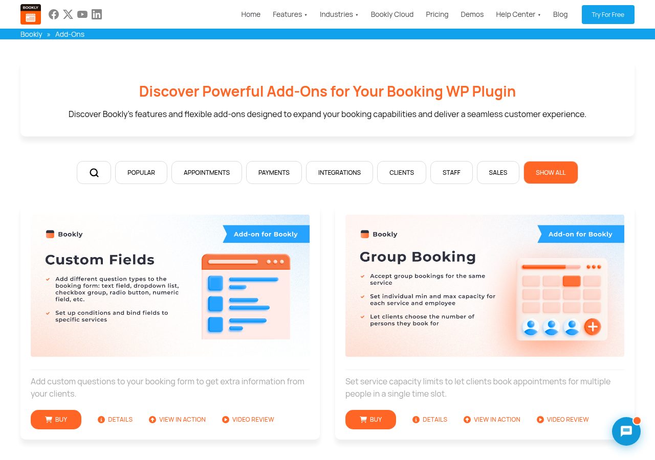 Bookly add-ons catalog page showing the headline “Discover Powerful Add-Ons for Your Booking WP Plugin” with a category filter, and individual add-on cards for Custom Fields and Group Booking visible, each with annual and lifetime pricing and “Add to Bookly” buttons.