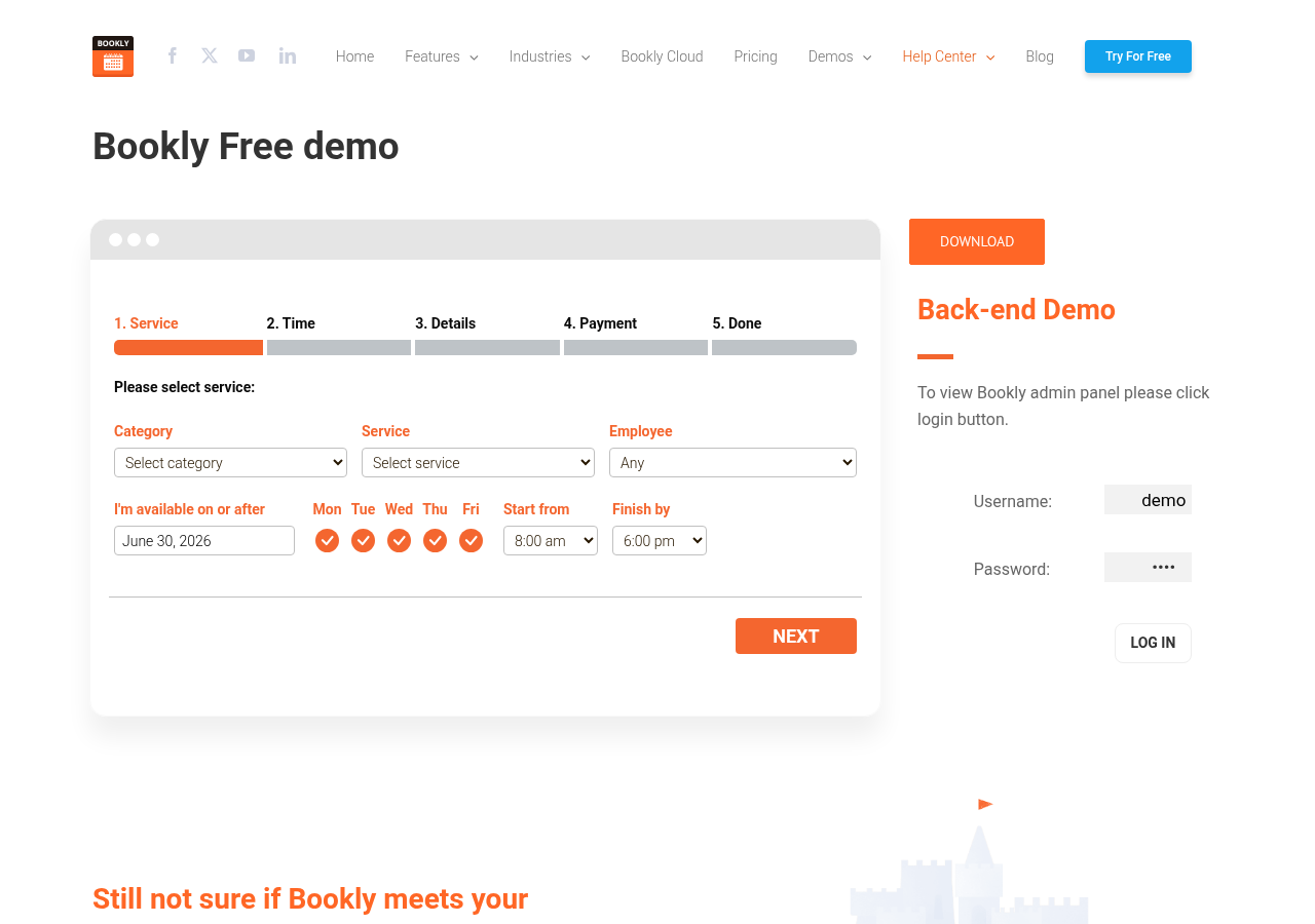 Bookly free demo page showing the five-step booking flow header (1. Service, 2. Time, 3. Details, 4. Payment, 5. Done) with an orange progress bar on the first step, a Category dropdown set to “Select category,” a Service dropdown set to “Select service,” an Employee dropdown set to “Any,” a date field showing the current date, weekday toggles with Monday through Friday all enabled, and Start from and Finish by time fields, with a NEXT button at the bottom right.