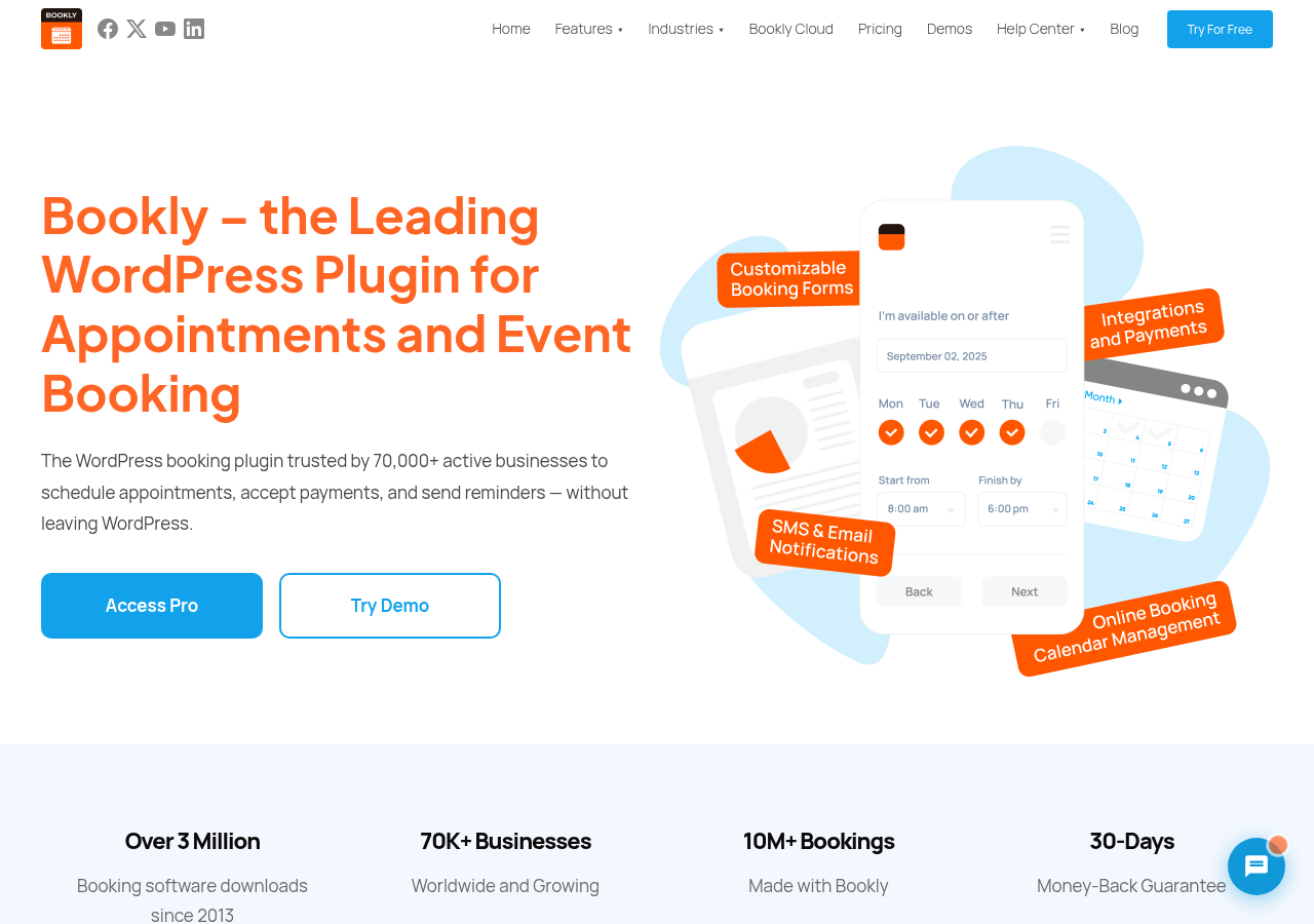 Bookly homepage showing the headline “Bookly - the Leading WordPress Plugin for Appointments and Event Booking,” the 70K+ active businesses claim, the 10M+ bookings stat, the 30-day money-back guarantee badge, and a split-screen illustration of the booking widget alongside a calendar view, with feature labels for Customizable Booking Forms, Integrations and Payments, SMS and Email Notifications, Online Booking, and Calendar Management.