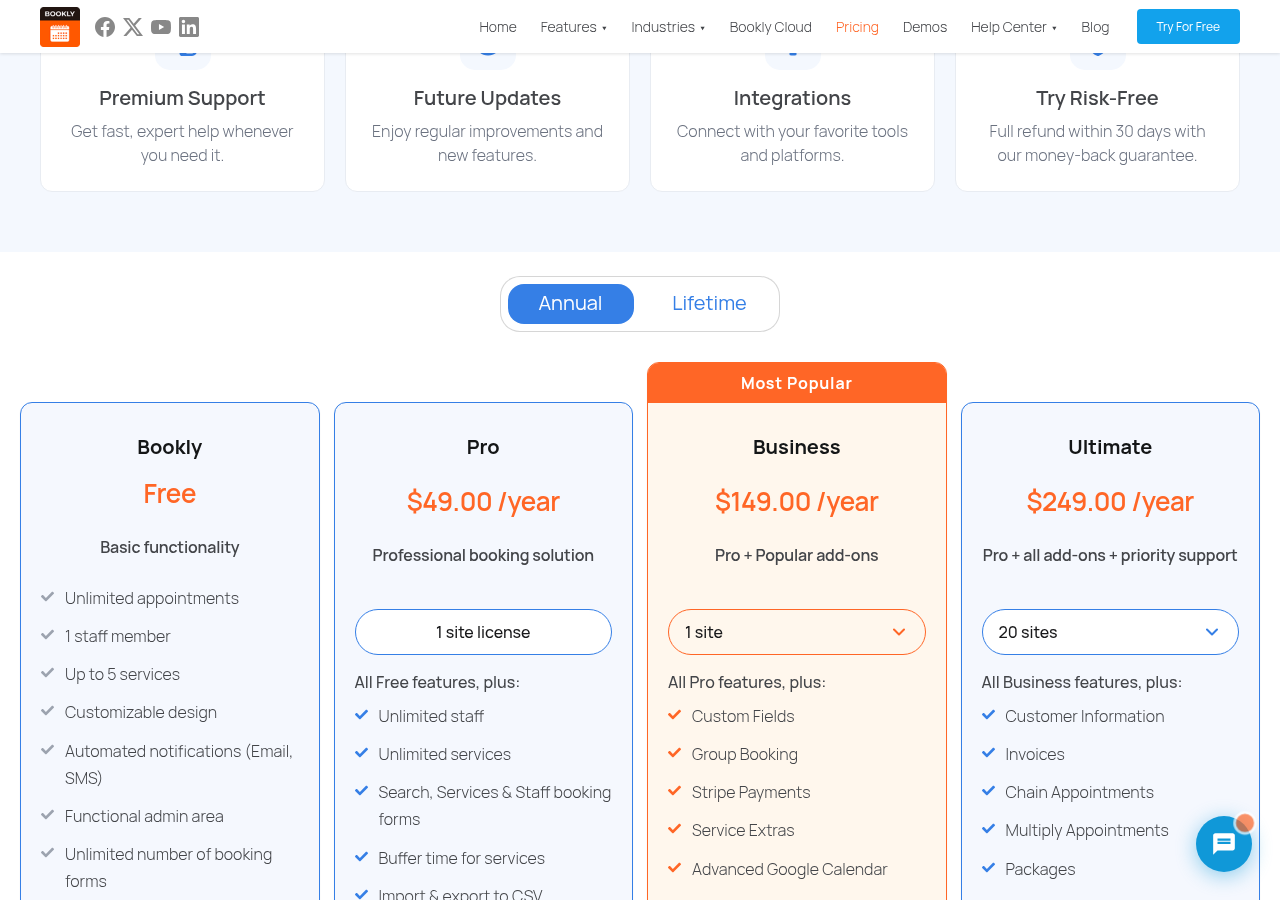 Bookly pricing page showing the Annual/Lifetime toggle and four plan columns: Bookly (Free) with basic functionality and up to 5 services, Pro at $49.00/year for a professional booking solution with 1 site license, Business at $149.00/year (Most Popular) with 1 site and bundled add-ons including Custom Fields, Group Booking, Stripe Payments, Service Extras, and Advanced Google Calendar, and Ultimate at $249.00/year with 20 sites and all add-ons plus priority support.