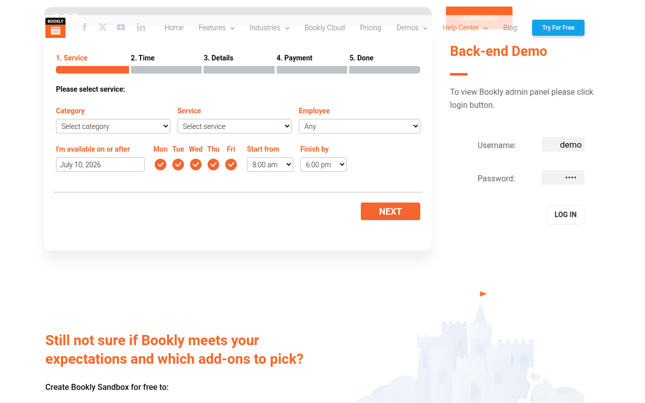 Bookly booking form demo showing the live booking widget with service selection, time slots, and appointment confirmation steps.