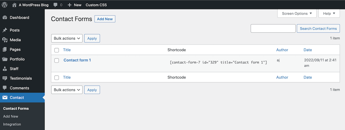 WordPress admin sidebar showing the Contact menu expanded with Contact Forms selected and the Integration sub-menu visible. The main panel lists the default Contact form 1 with its shortcode.