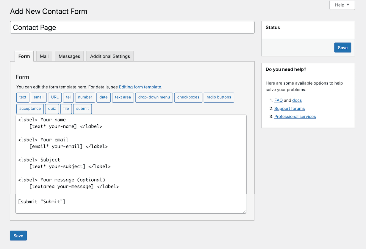 Contact Form 7 form editor showing the Form tab with the tag generator button row above a textarea containing form tag syntax including text, email, and submit tags.