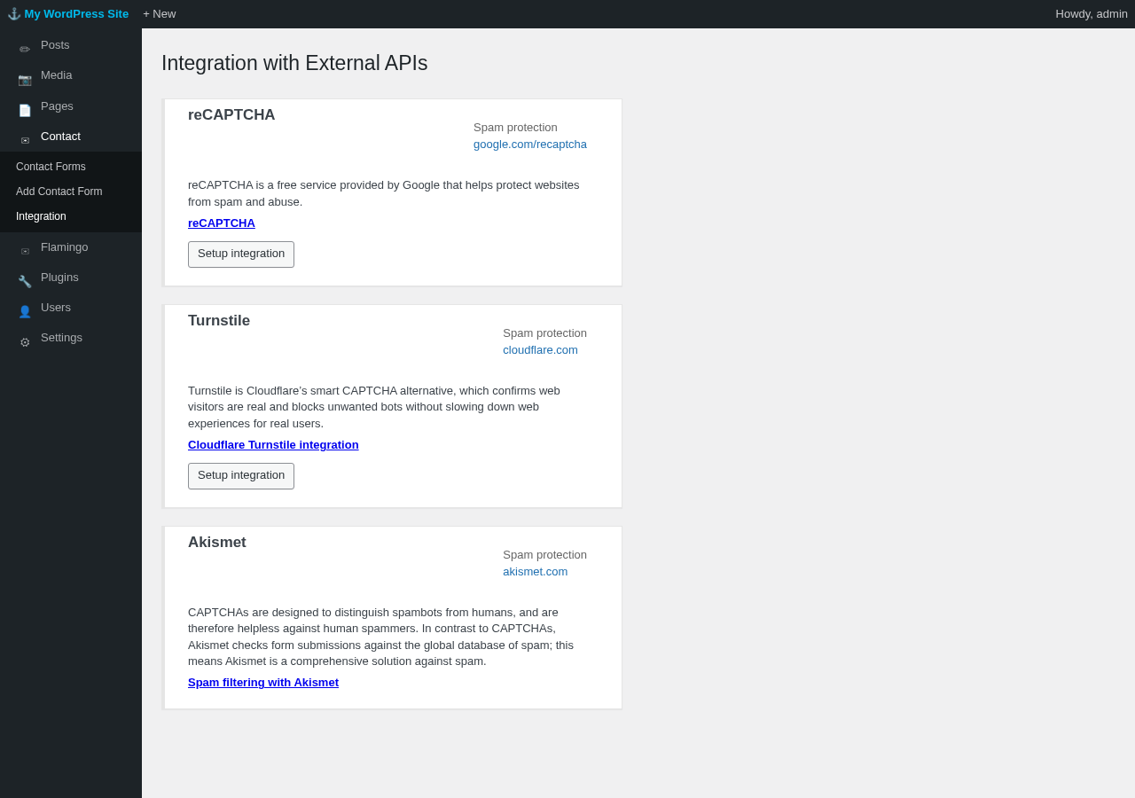 Contact Form 7 Integration page showing three spam protection service cards: reCAPTCHA with a Setup integration button, Turnstile with a Setup integration button, and Akismet with its description and link.