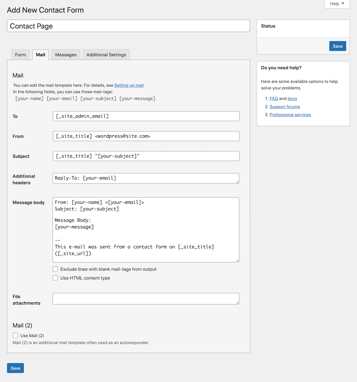 Contact Form 7 Mail tab showing the To, From, Subject, Additional Headers, and Message Body configuration fields with example mail tag values.