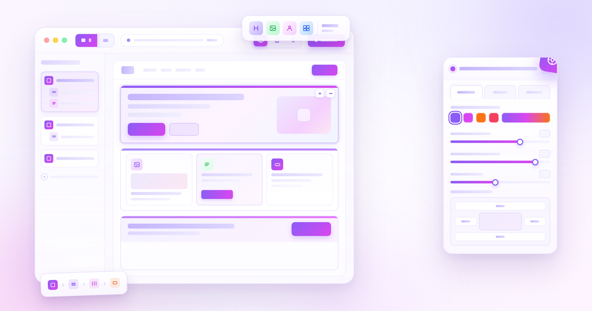 Divi Builder Review 2026 featured banner: minimalist page builder editorial visual with violet and fuchsia palette