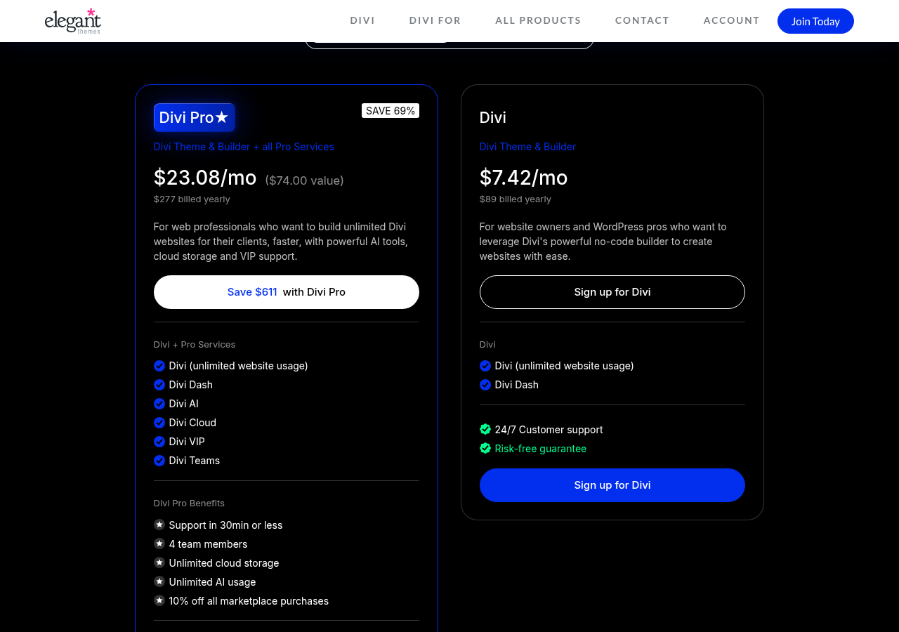 Divi pricing page showing two plans on the yearly tab: Divi Pro on the left at $277 per year with Save 69% badge, and Divi on the right at $89 per year including unlimited website usage, Divi Dash, 24/7 customer support, and a risk-free guarantee.