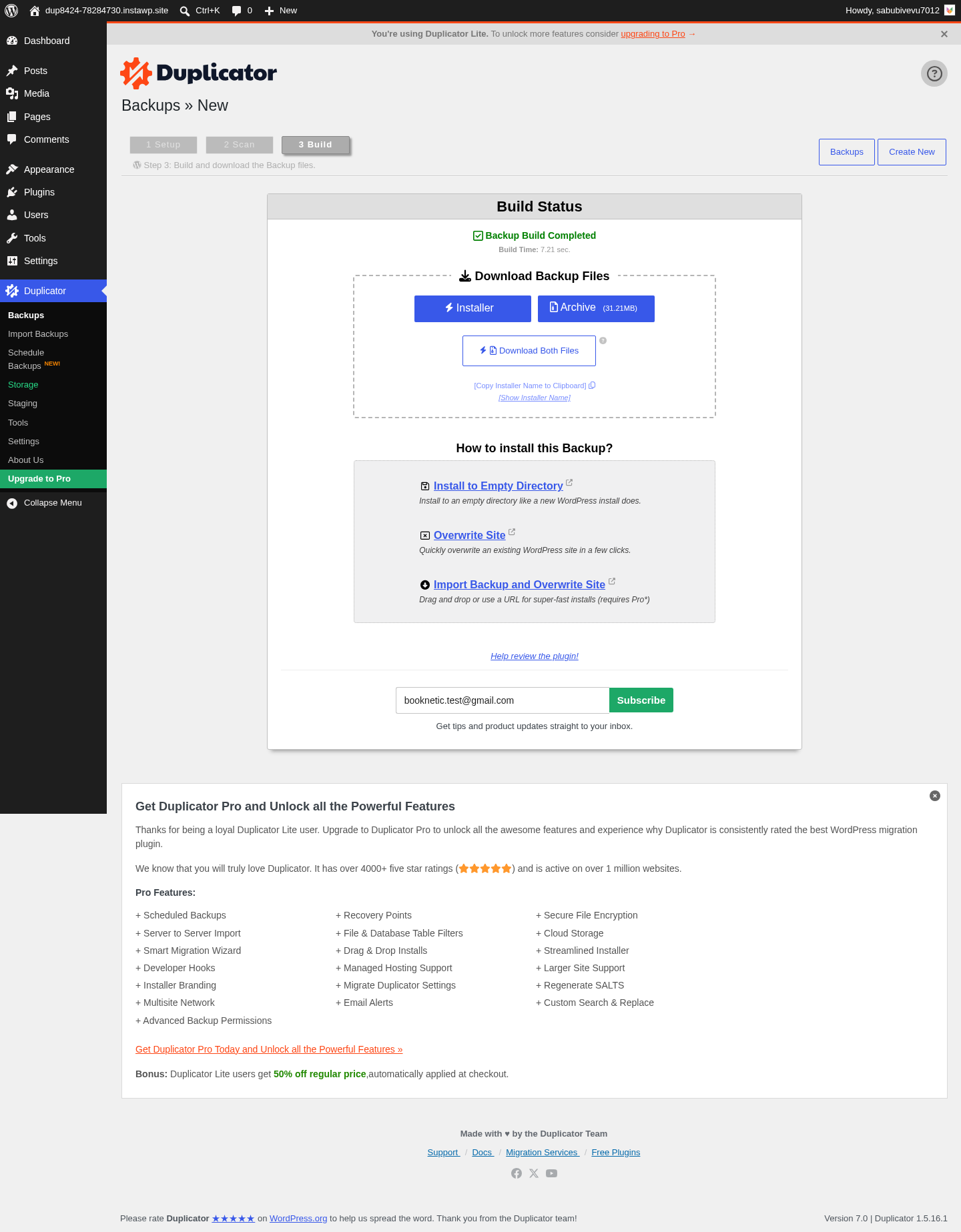 Duplicator build results screen showing