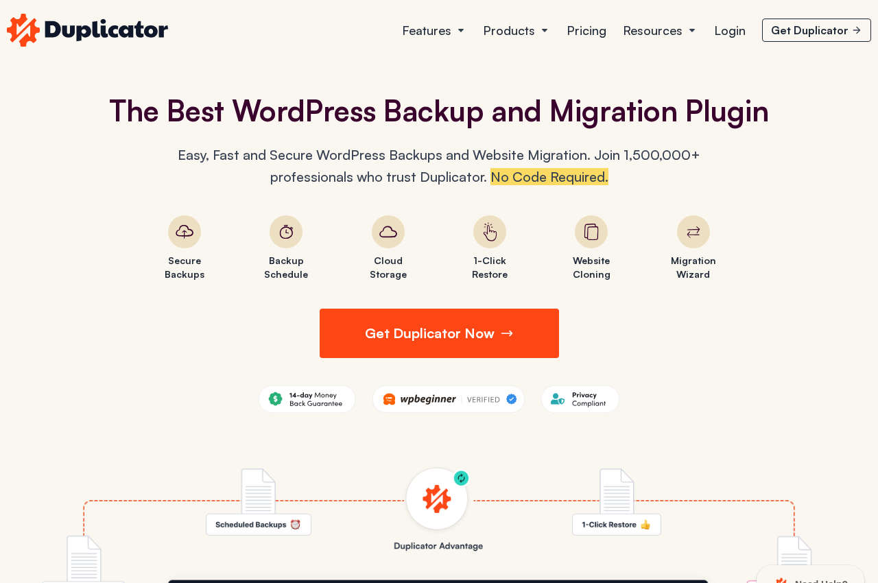 Duplicator homepage showing the headline