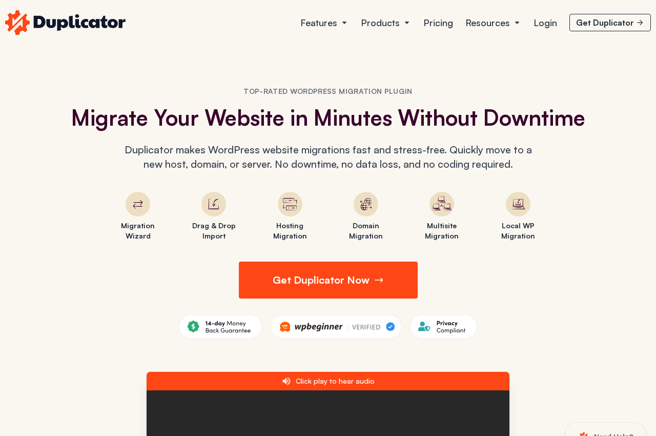 Duplicator migration features page showing the headline