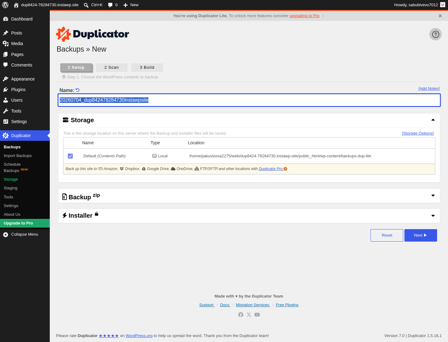 Duplicator new backup setup screen showing the auto-generated backup name, storage path set to wp-content/backups-dup-lite, collapsed panels for Backup zip and Installer, and cloud storage destinations shown as Pro upsell options.