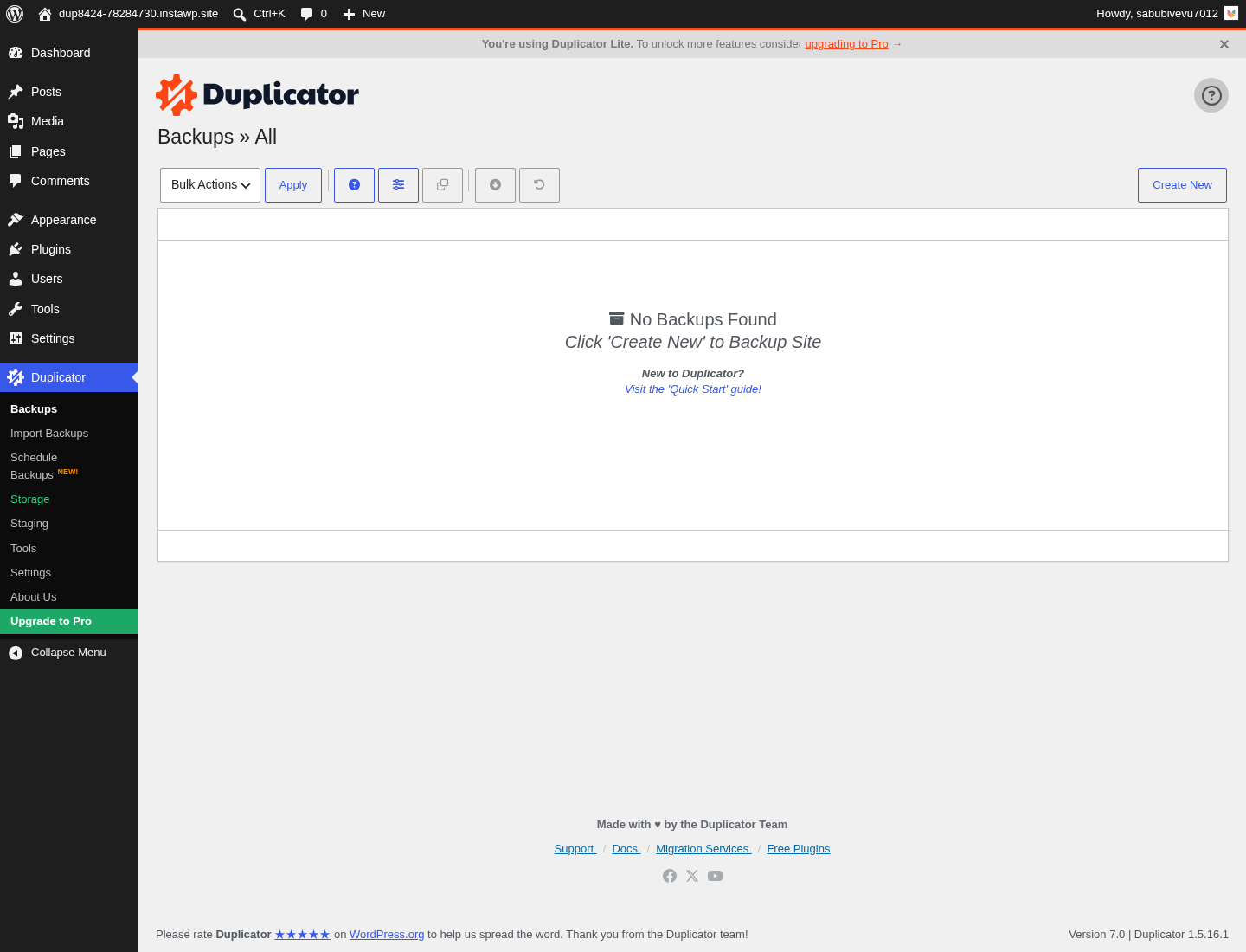 Duplicator Lite Backups screen in a clean WordPress sandbox showing the
