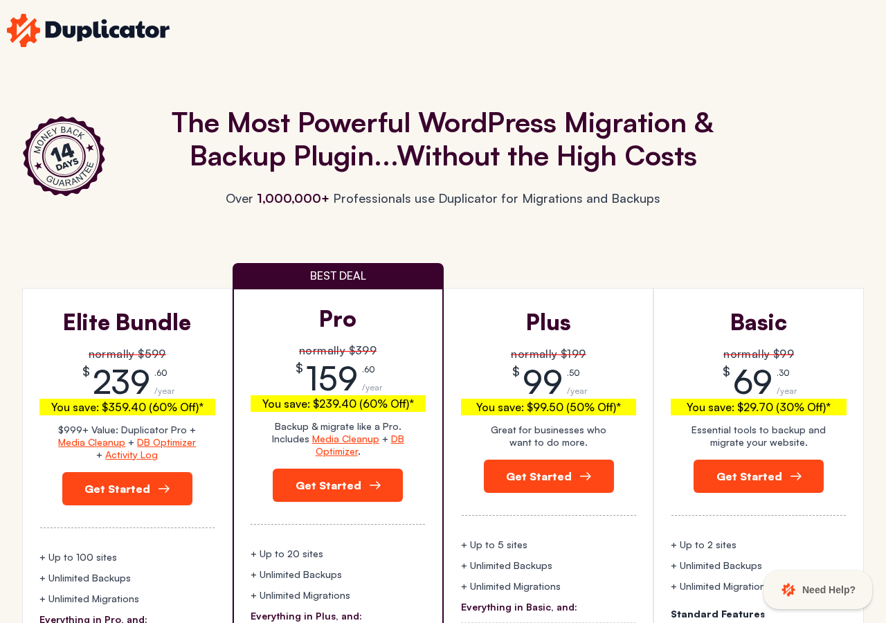 Duplicator pricing page showing four plan cards: Basic (up to 2 sites), Plus (up to 5 sites), Pro marked