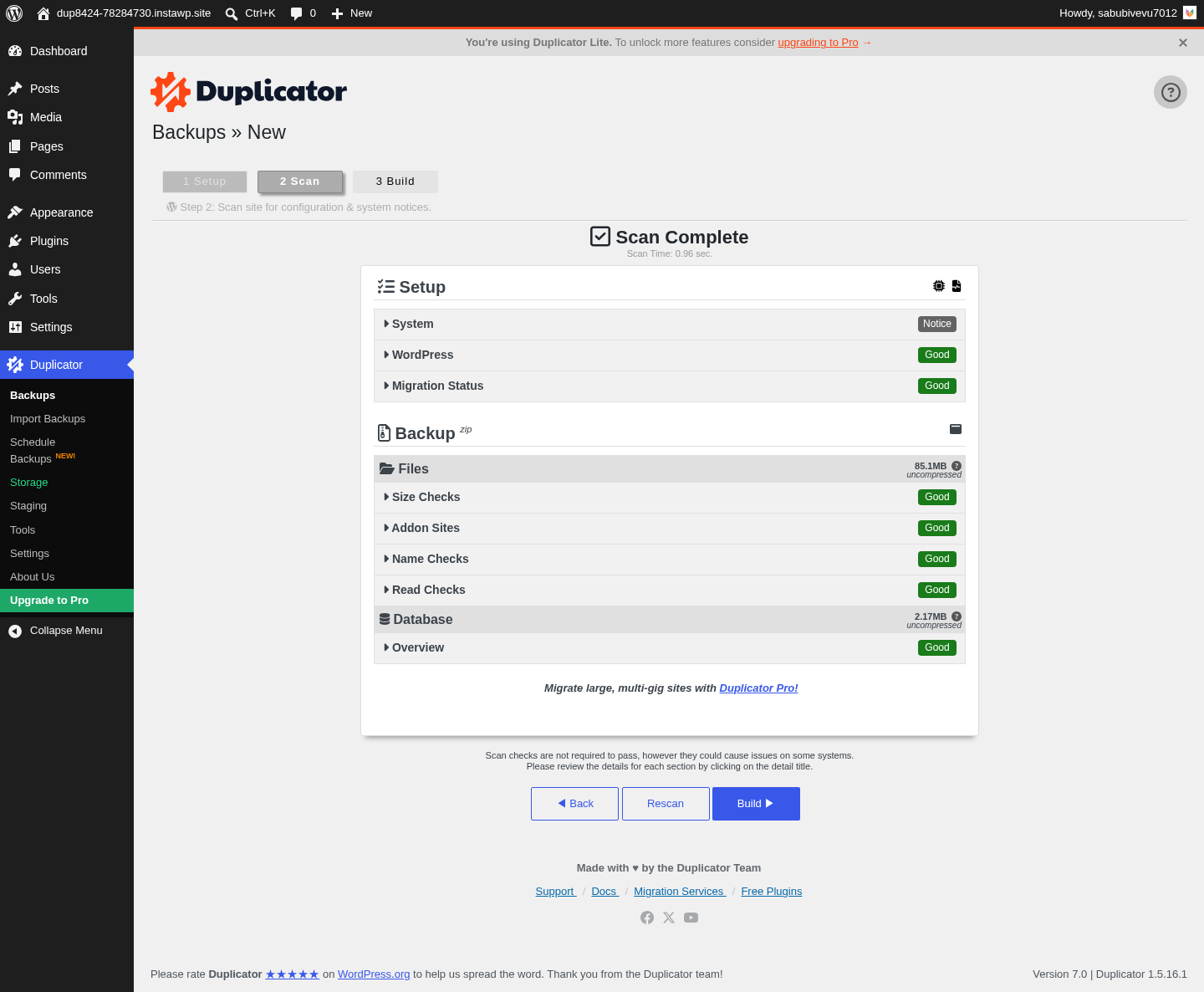 Duplicator scan results screen showing Good status for all checks including setup/migration status, file size, and database, with the scan completed in 0.99 seconds.