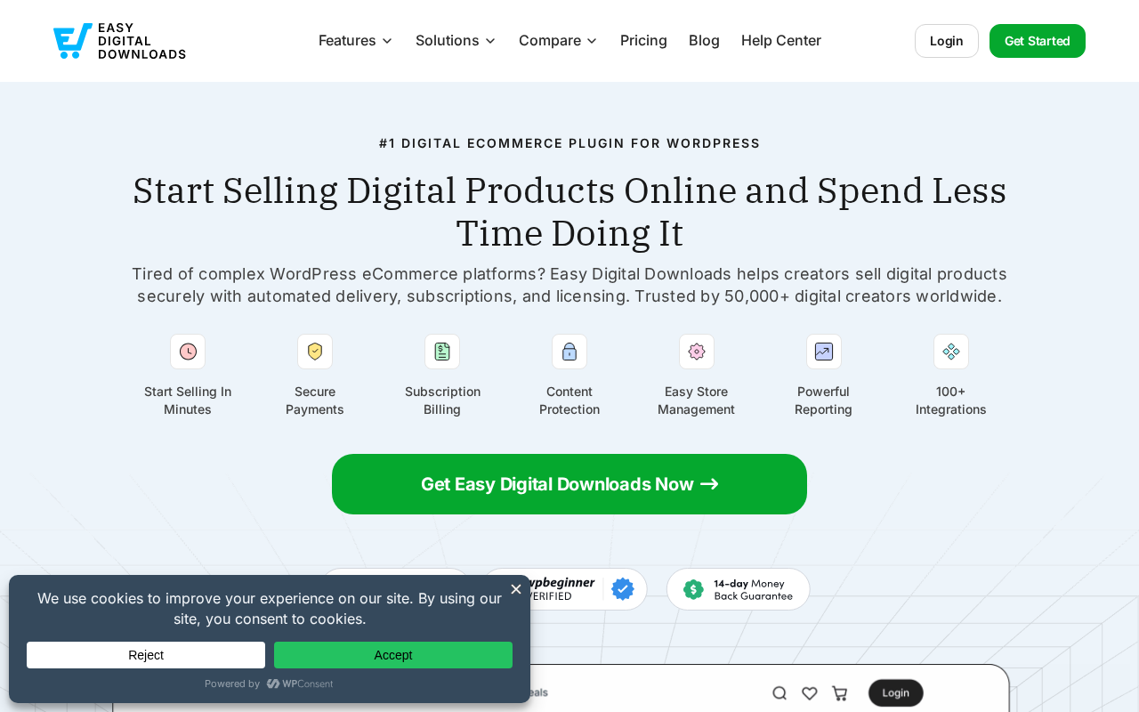 Easy Digital Downloads homepage showing the headline 