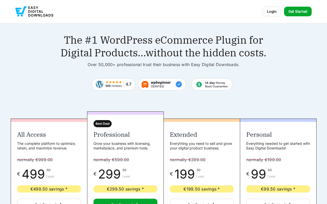 EDD pricing page showing four paid plans alongside the free Lite tier. Personal at $99.50 per year (normally $199), Extended at $199.50 per year (normally $399), Professional at $299.50 per year (normally $599), and All Access at $499.50 per year (normally $999). Each plan lists its included features. A 