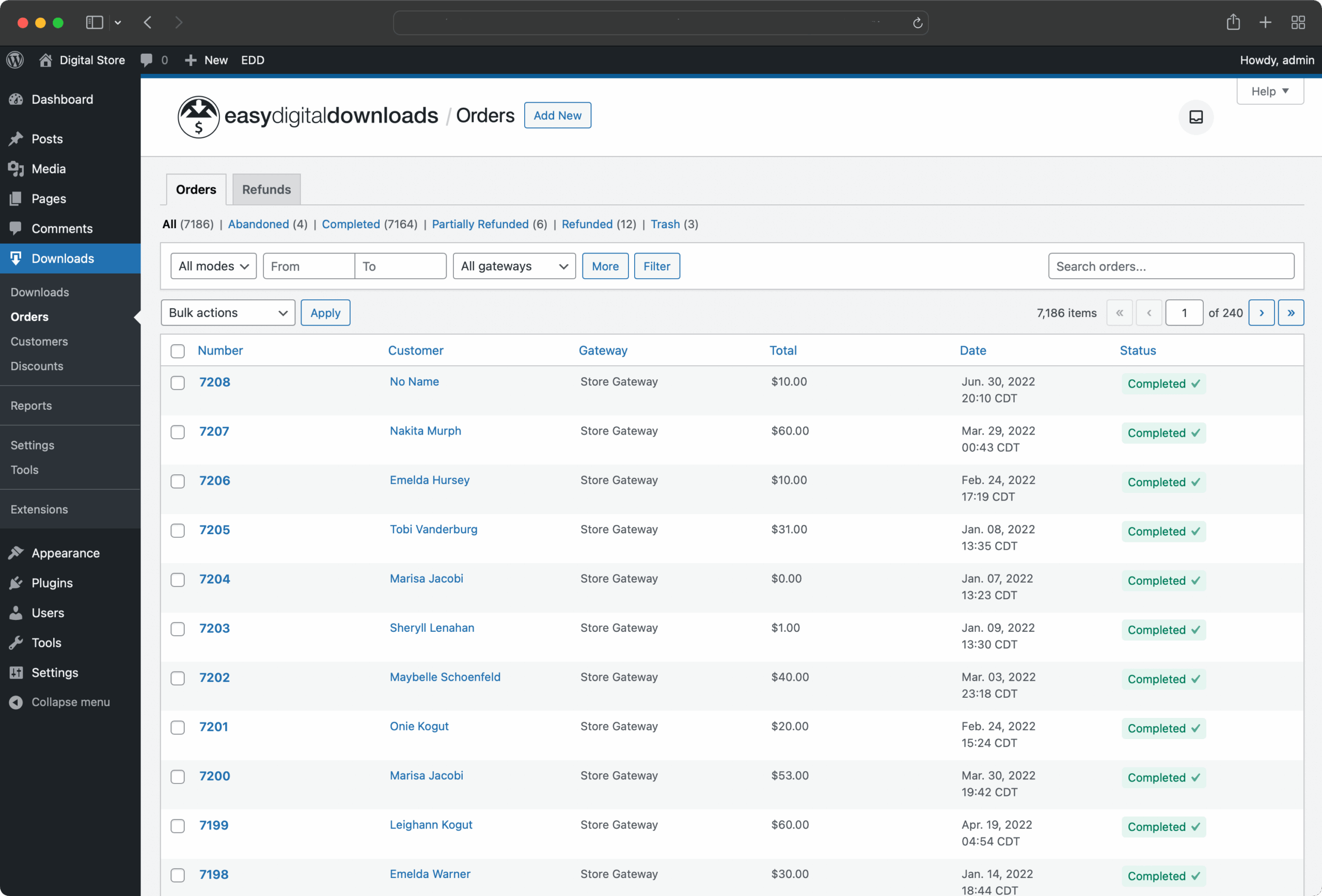 EDD payments history view showing a list of orders with columns for purchase number, customer name, email, download names, amount, payment gateway, status (Completed), and date. The view shows multiple completed orders in a clean tabular layout.