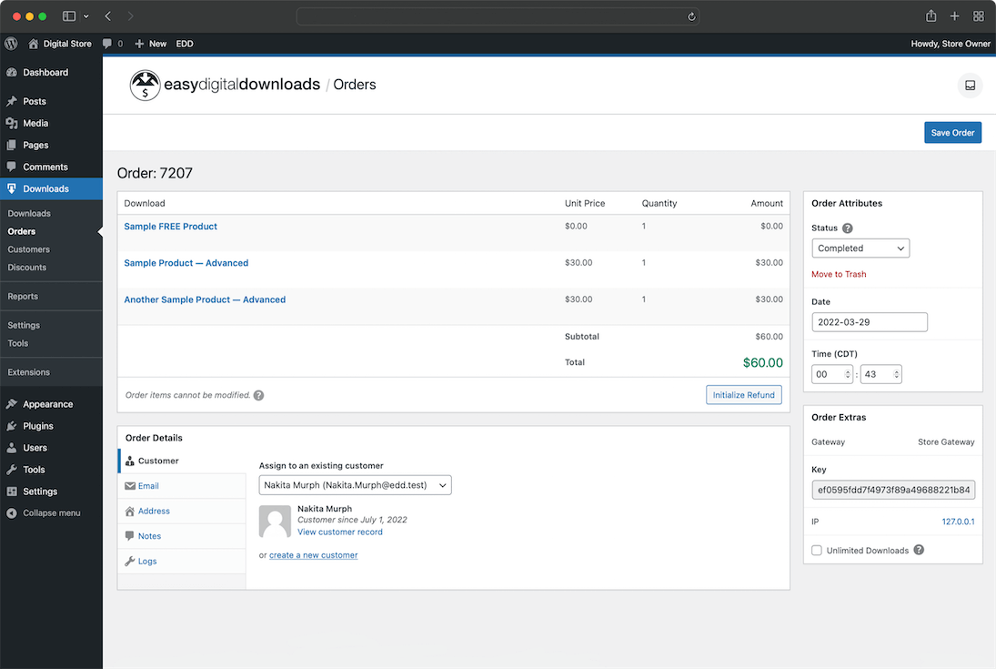 EDD order detail view showing a completed order with customer email, product name, price, license key, download link, download count, and payment gateway (Stripe). The admin has options to resend the purchase receipt, manually add a download, or issue a refund.