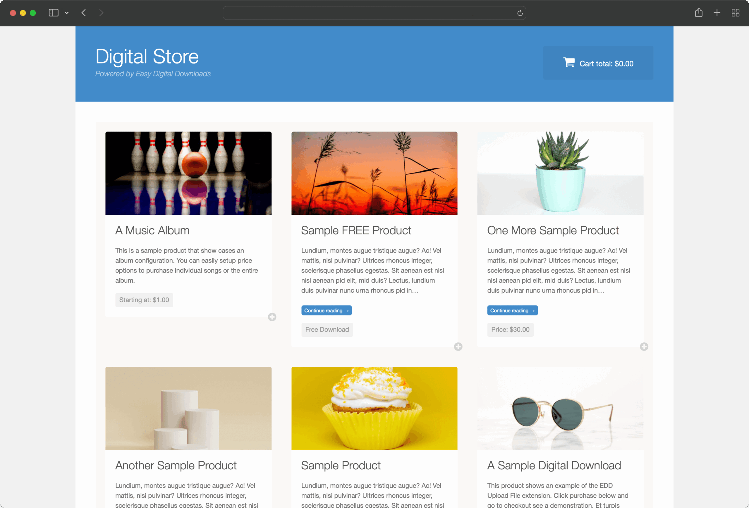 EDD product grid on a Vendd-themed storefront showing five digital products in a clean card layout, each with a product image, title, price, and 