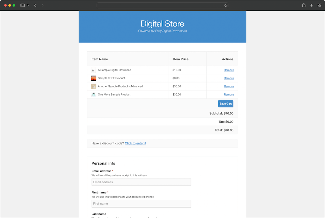 EDD checkout form using the Vendd theme, showing fields for email address, billing name, payment method selection (Stripe card and PayPal), a coupon code field, an itemized order summary showing a product at $59, and a 