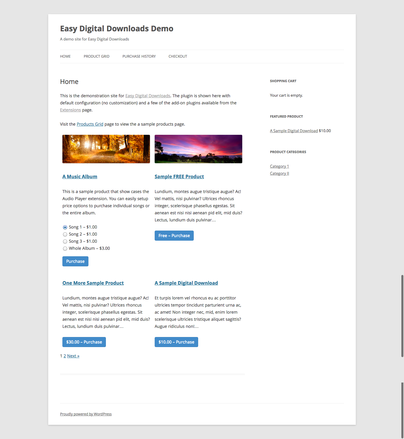 EDD product grid using the default WordPress theme, showing four digital products in a two-column card layout with product thumbnails, titles, and prices. The layout is clean and functional on a standard WordPress theme.