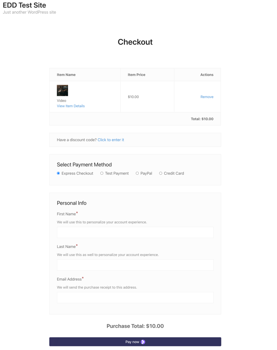 EDD checkout form on the default WordPress theme showing a streamlined layout with email, name, card number, expiration, CVC, and a PayPal option, with an order summary panel on the right showing one product and a total amount.