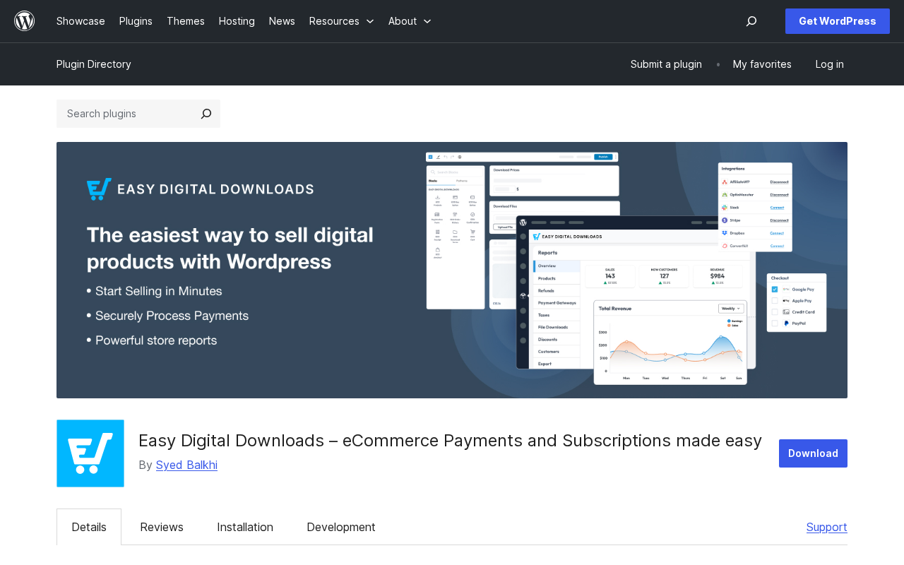 WordPress.org plugin listing for Easy Digital Downloads showing version 3.6.9, last updated June 18, 2026, 40,000-plus active installations, a 4.7-out-of-5-star rating from 588 reviews, and compatibility with WordPress 6.2 and PHP 7.4. The listing headline reads 