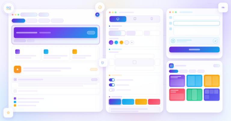 Kadence Blocks review featured banner: Gutenberg block editor canvas with Row Layout, Info Box, Accordion, and Icon List blocks; a responsive inspector panel with device switcher and per-device controls; an Advanced Form block with CAPTCHA strip; and a Design Library pattern grid, light editorial glassmorphism.
