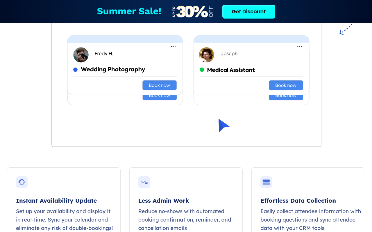 FluentBooking homepage showing the booking plugin UI features, meeting scheduling interface, and team booking capabilities.