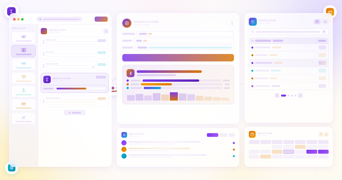 Formidable Forms review featured banner showing WordPress advanced form builder canvas with calculated-value field and formula editor, calculator output card with breakdown bars and amortisation chart, Views data table with search and pagination, and calendar view in deep violet and warm amber