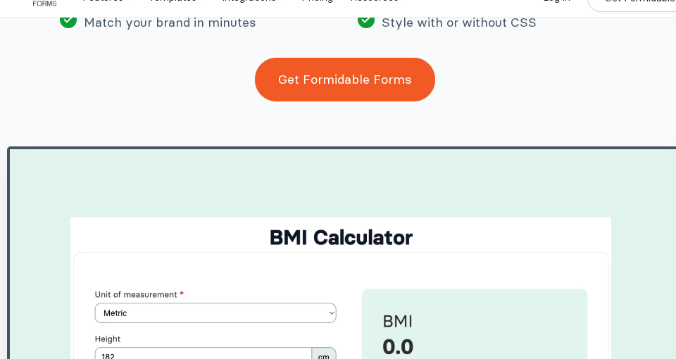 Formidable Forms visual form styler showing a BMI Calculator form styled with a sage-green color scheme with Height and Weight fields and a live BMI result panel on the right, with the Soft Sage style preset label shown in an overlay