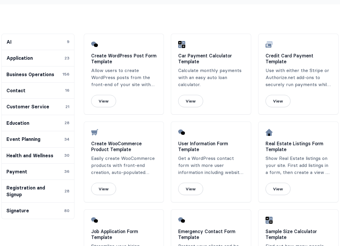 Formidable Forms template gallery showing the left sidebar with categories including AI (9), Application (23), Business Operations (156), Contact (16), Customer Service (21), Education (28), Event Planning (34), Health and Wellness (30), Payment (36), Registration and Signup (28), and Signature (80), alongside template cards for Car Payment Calculator, Create WooCommerce Product, User Information Form, Real Estate Listings Form, Job Application Form, Emergency Contact Form, and Sample Size Calculator