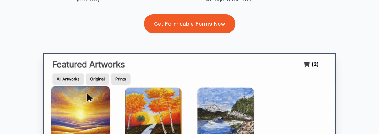 Formidable Forms Views output showing a Featured Artworks filterable grid on the front end of a WordPress site, with three category filter tabs (All Artworks, Original, Prints) and artwork cards with thumbnail images, titles, artist names, category labels, and prices