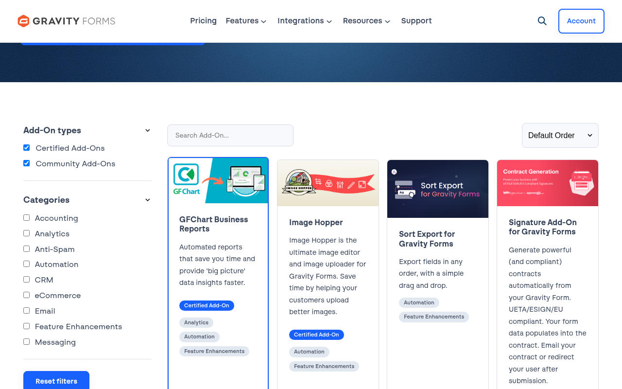 Gravity Forms add-ons marketplace showing community and official integrations