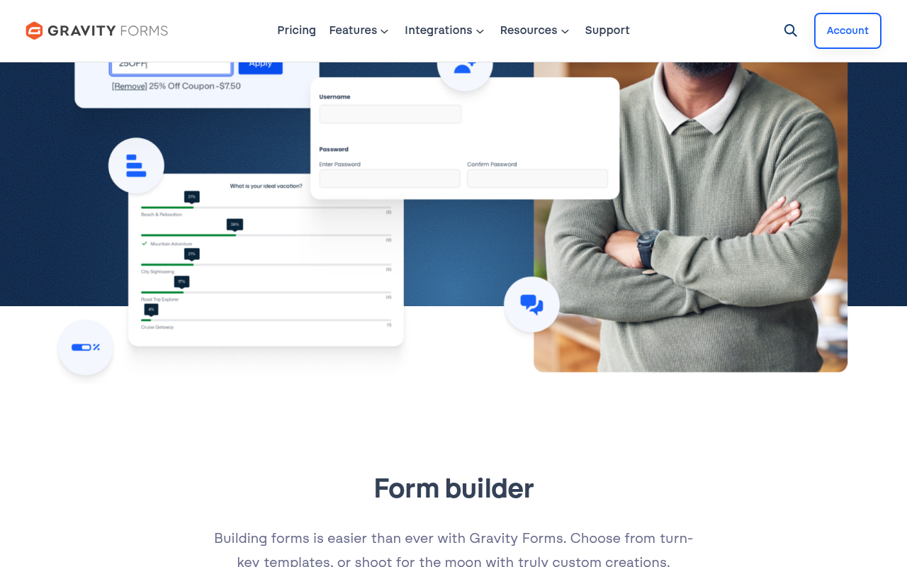 Gravity Forms form builder interface showing field types and the drag-and-drop canvas