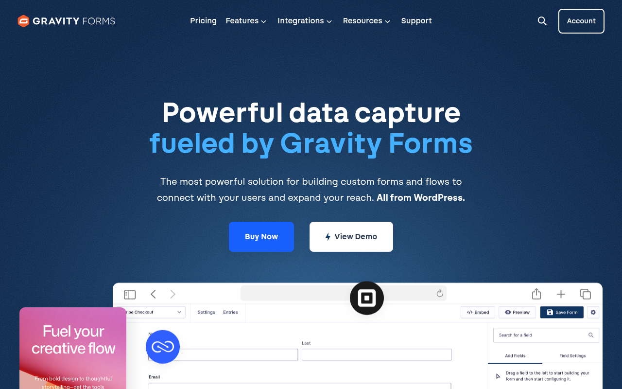 Gravity Forms homepage showing the plugin hero and form builder preview